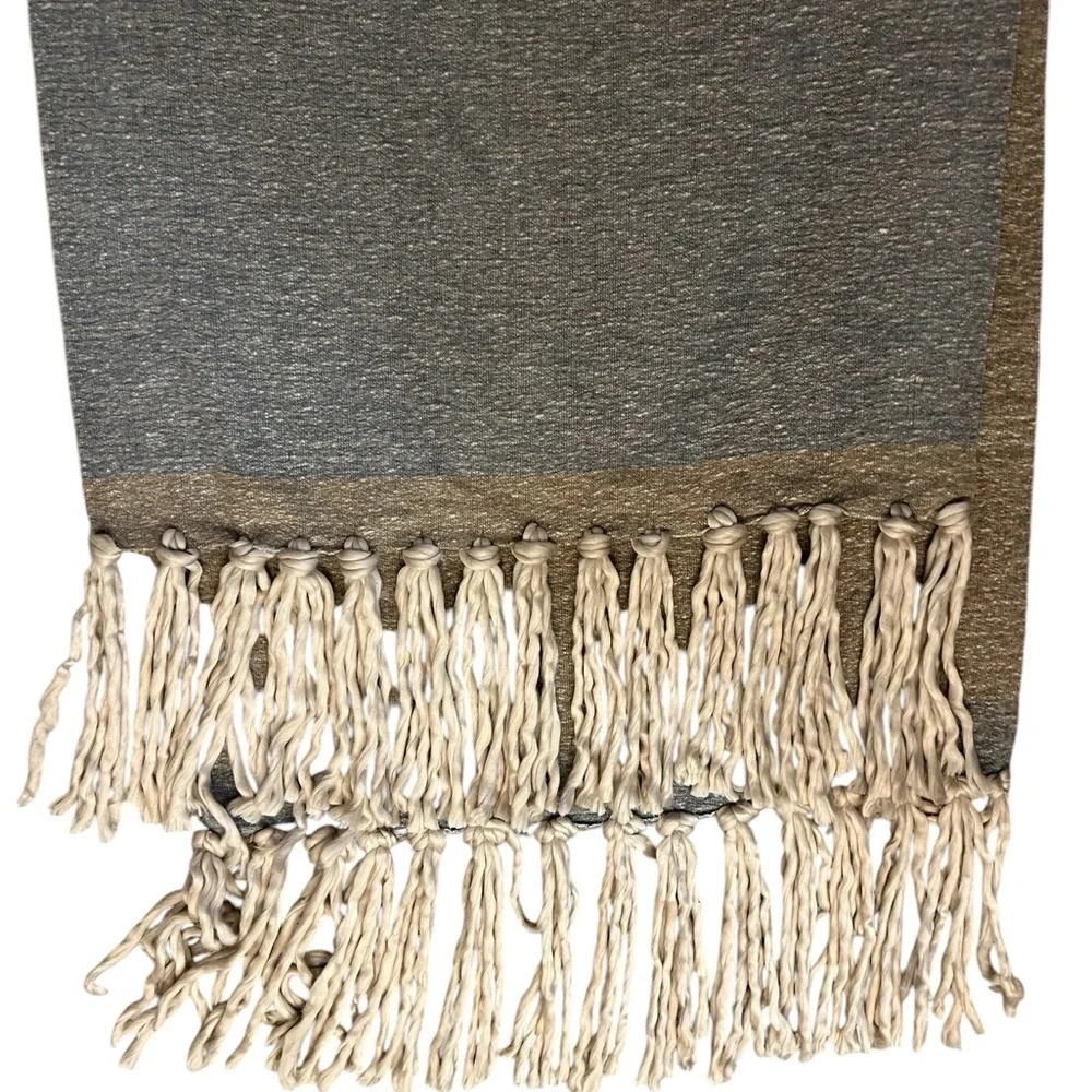 Anthropologie Cozy Heathered Fringe Throw Blanket, blue tan & cream